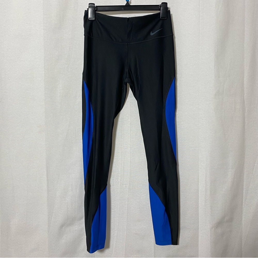 Nike Dri-Fit Leggings S Black Blue Panel High Waist Athletic Running Yoga Pants